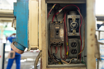 Fototapeta na wymiar close up old and dirty Breakers switch in electric box, circuit breakers, electrical panel, switch with wires