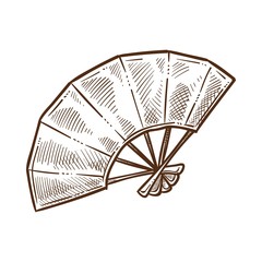 Hand fan сhinese attributes monochrome sketch outline vector illustration