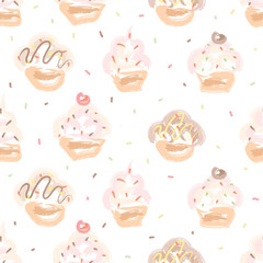 Seamless pattern with baking. Hand drawn cakes with sprinkles on a transparent background.