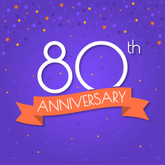 Fototapeta premium 80 years anniversary logo isolated on confetti background. 80th anniversary banner with ribbon. Birthday, celebration, party, invitation card design element. Vector illustration.