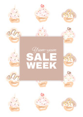 Poster with cakes and discount offer with inscription: 