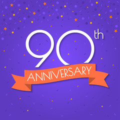 Naklejka premium 90 years anniversary logo isolated on confetti background. 90th anniversary banner with ribbon. Birthday, celebration, party, invitation card design element. Vector illustration.