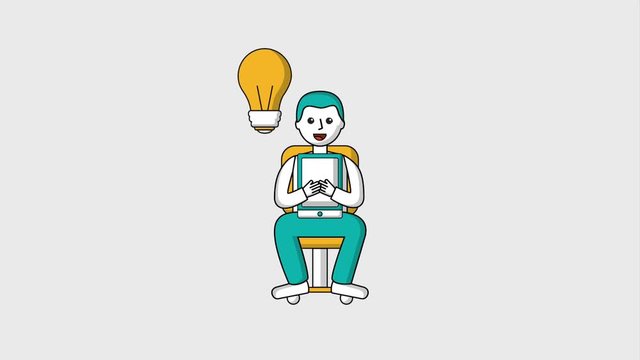 man sitting on office chair with tablet and bulb idea ilustration