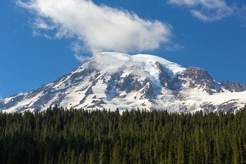 Snow covered Mount Rainier in Washington state Closeup
