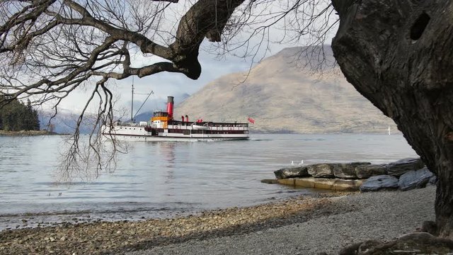 Vintage steam boat on Lake Wakatipu in Queenstown New Zealand