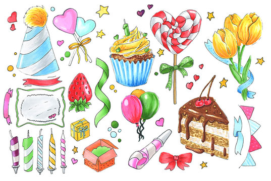 birthday party set of objects isolated on white hand-drawn illustration