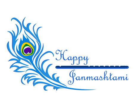 The inscription Happy Janmashtami with peacock feather and flute.