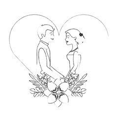 beautiful bride and groom in heart flowers decoration