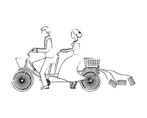 bride and groom on tandem bicycle wedding day