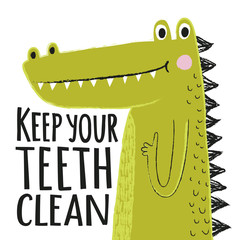 Fototapeta premium Ilustracja wektorowa z uśmiechniętym krokodylem i tekstem napisu - Utrzymuj zęby w czystości