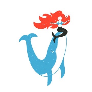 Vector illustration with blue whale and ginger long hair mermaid