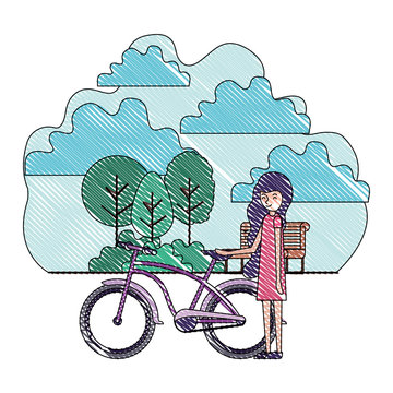woman in the park with bicycle vector illustration design