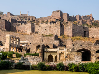 Hyderabad, India - January, 4th, 2018. Golkonda is a citadel and fort in Southern India and was the capital of the medieval sultanate of the Qutb Shahi dynasty, is situated 11 km west of Hyderabad.