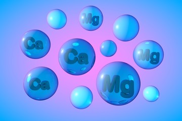 Transparent calcium and magnesium pills on colorful background. Mineral and vitamin complex. 3d illustration