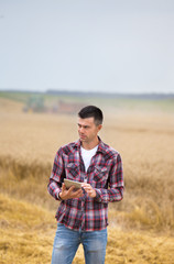 Farmer with tablet in field during harvest