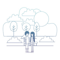 young couple in the park avatars characters vector illustration design