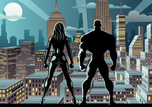 Superhero couple watching over the city at night.