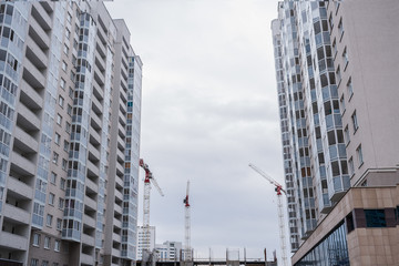 Fototapeta na wymiar New grey multi-storey residential houses and three construction cranes.
