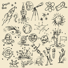 large set of childrens contour drawings on a space theme