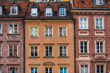old beautiful town houses; Sights of Warsaw;colorful houses with windows;