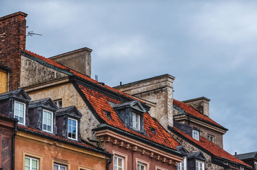 old beautiful town houses; Sights of Warsaw;colorful houses with windows;