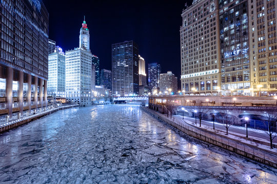 Frozen river in winter, Chicago, America, USA
