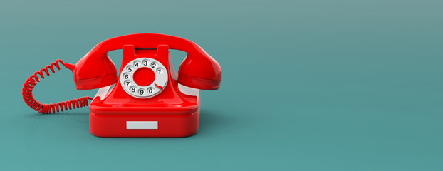 Red vintage telephone isolated on green blue background, copy space, banner. 3d illustration