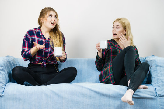 Female friends sitting on sofa talking