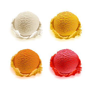 Set of ice cream scoops of different colors and flavours isolated on white background vector