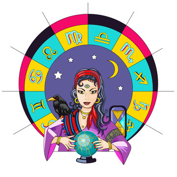 The oracle girl predicts the future on a magic ball vector illustration