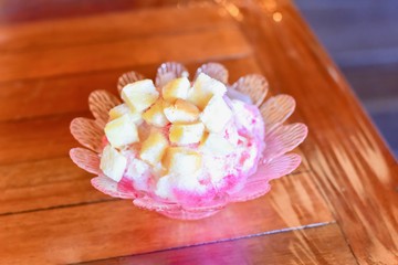 Thai-Style Shaved Ice Dessert or Nam Kang Sai Topped with Breads and Condensed Milk