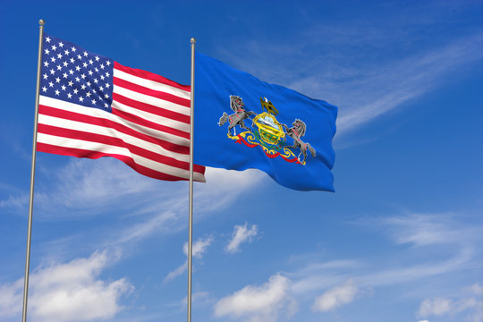 USA and Pennsylvania flags over blue sky background. 3D illustration