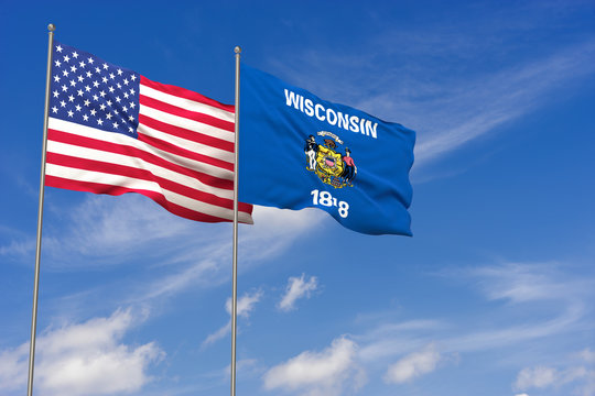 USA and Wisconsin flags over blue sky background. 3D illustration