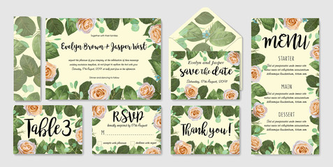 Wedding vector floral invite invitation thank you, rsvp, envelope, card watercolor design set: garden flower Rose  green leaves elegant greenery