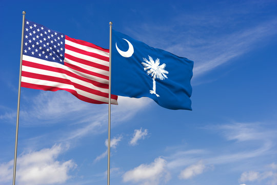 USA and South Carolina flags over blue sky background. 3D illustration