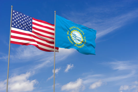 USA and South Dakota flags over blue sky background. 3D illustration