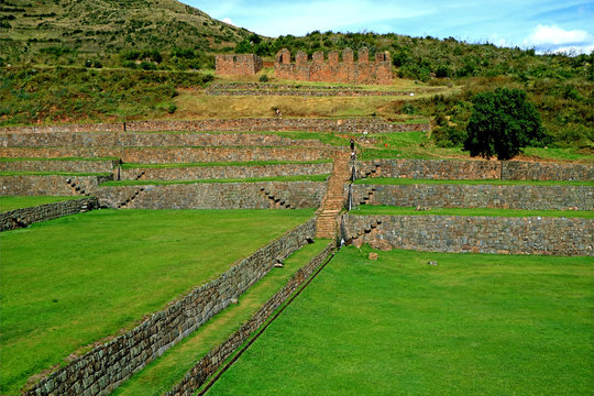 Agricultural terraces of the archaeological complex of Tipon at 3,400 meters above sea level, Sacred Valley, Cuzco region, Peru 