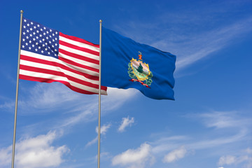 USA and Vermont flags over blue sky background. 3D illustration