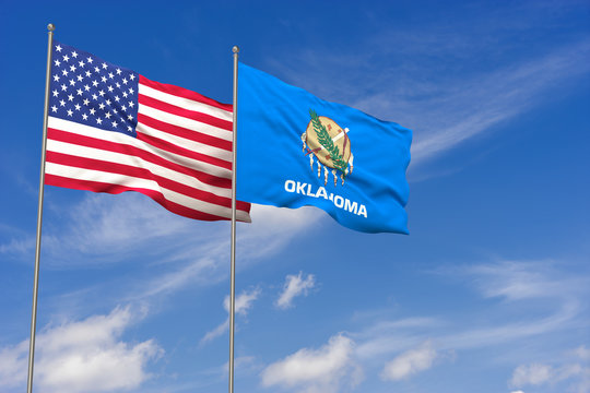 USA and Oklahoma flags over blue sky background. 3D illustration