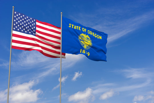 USA and Oregon flags over blue sky background. 3D illustration