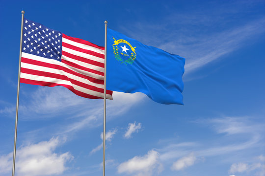 USA and Nevada flags over blue sky background. 3D illustration