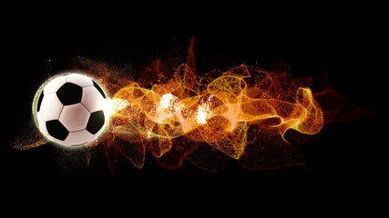 Naklejka premium A 3D rendering of a football or soccer ball with flowing fire particles trail on a black background
