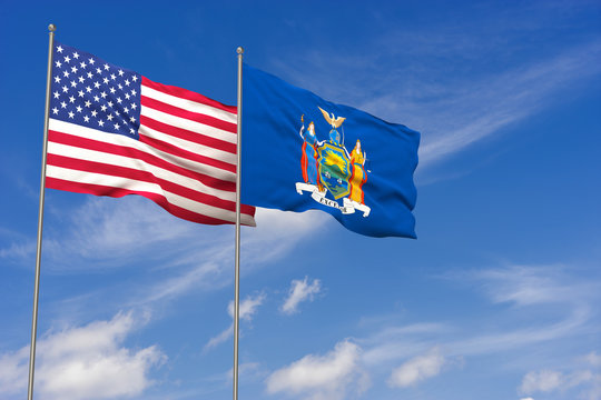 USA and New York flags over blue sky background. 3D illustration