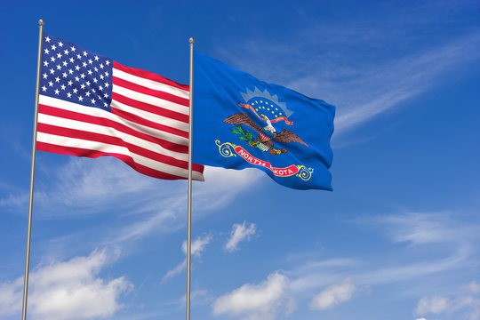 USA and North Dakota flags over blue sky background. 3D illustration