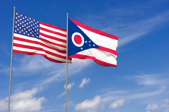 USA and Ohio flags over blue sky background. 3D illustration