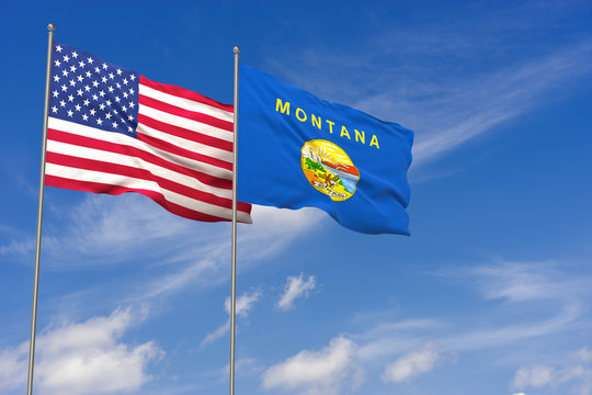 USA and Montana flags over blue sky background. 3D illustration
