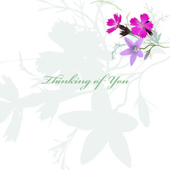 Thinking of You - summer greeting card.
Hand drawn realistic vector illustration with  meadow.