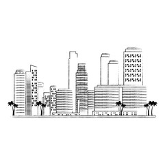cityscape buildings with palms scene vector illustration design