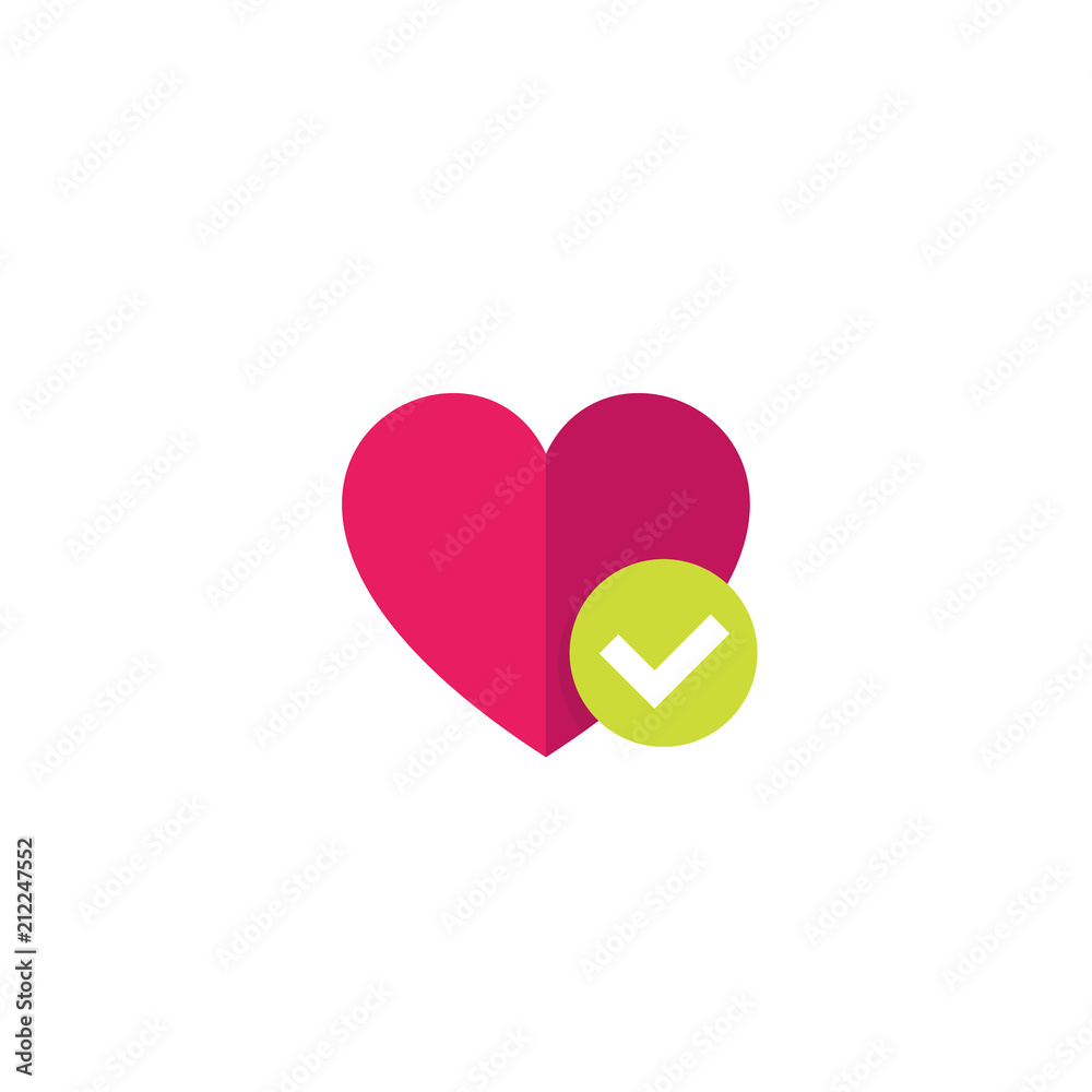 Sticker heart and tick icon, flat style