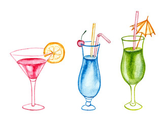 watercolor cocktails set. Isolated glasses with alcohol drinks on white background.